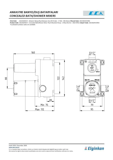 ECA Purity Ankastre Banyo/Duş Bataryası (Sıva Altı Grubu), 2 Yollu, 102166201 - 2