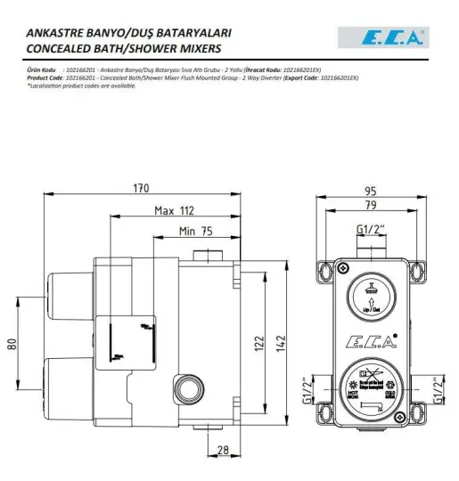 ECA Tiera Ankastre Banyo/Duş Bataryası (Sıva Üstü Grubu), 2 Yollu, 102167205-KDE - 2