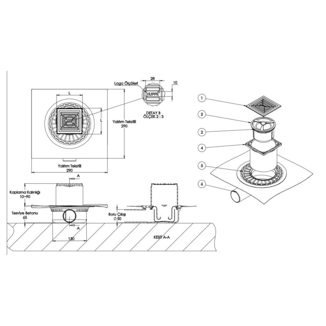 Hüppe Master X 10x10 Yalıtımlı Noktasal Su Gideri, Mat, Yandan, 47H0026000000003 - 3