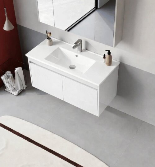 Orka Arno 100 cm Parlak Beyaz Banyo Dolabı Alt Modül ve Lavabo (Kapaklı) , 5008759 - 4