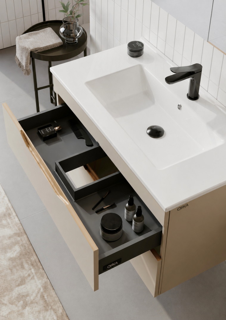 Orka Lena 100 cm Çöl Beji Banyo Dolabı Takımı (Çekmeceli ,Dolaplı Ayna), 5008053 - 5
