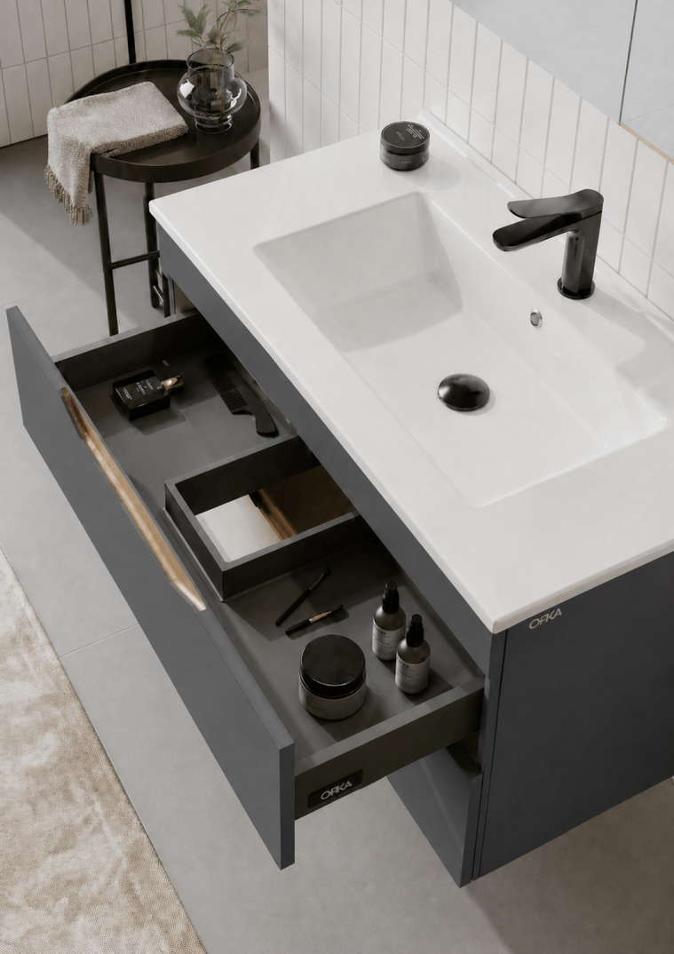 Orka Lena 100 cm Mat Antrasit Banyo Dolabı Alt Modül Ve Lavabo (Çekmeceli), 5008041 - 5
