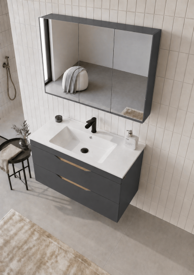 Orka Lena 100 cm Mat Antrasit Banyo Dolabı Takımı (Çekmeceli ,Dolaplı Ayna), 5008040 - 4