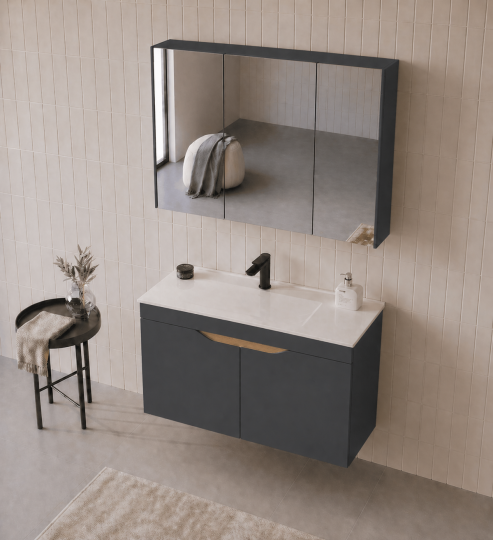 Orka Lena 100 cm Mat Antrasit Banyo Dolabı Takımı (Kapaklı ,Dolaplı Ayna), 5008028 - 4