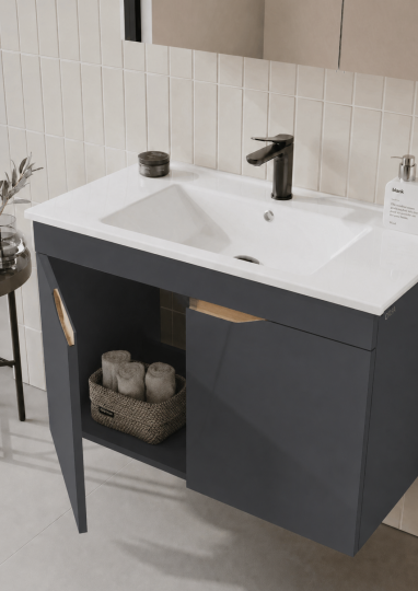 Orka Lena 100 cm Mat Antrasit Banyo Dolabı Takımı (Kapaklı ,Dolaplı Ayna), 5008028 - 5