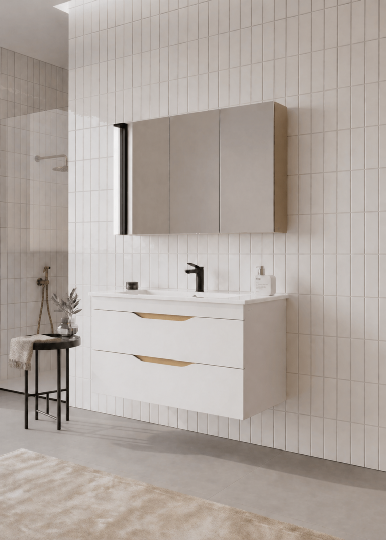 Orka Lena 100 cm Mat Beyaz Banyo Dolabı Takımı (Çekmeceli ,Dolaplı Ayna), 5008795 - 3