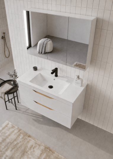 Orka Lena 100 cm Mat Beyaz Banyo Dolabı Takımı (Çekmeceli ,Dolaplı Ayna), 5008795 - 4
