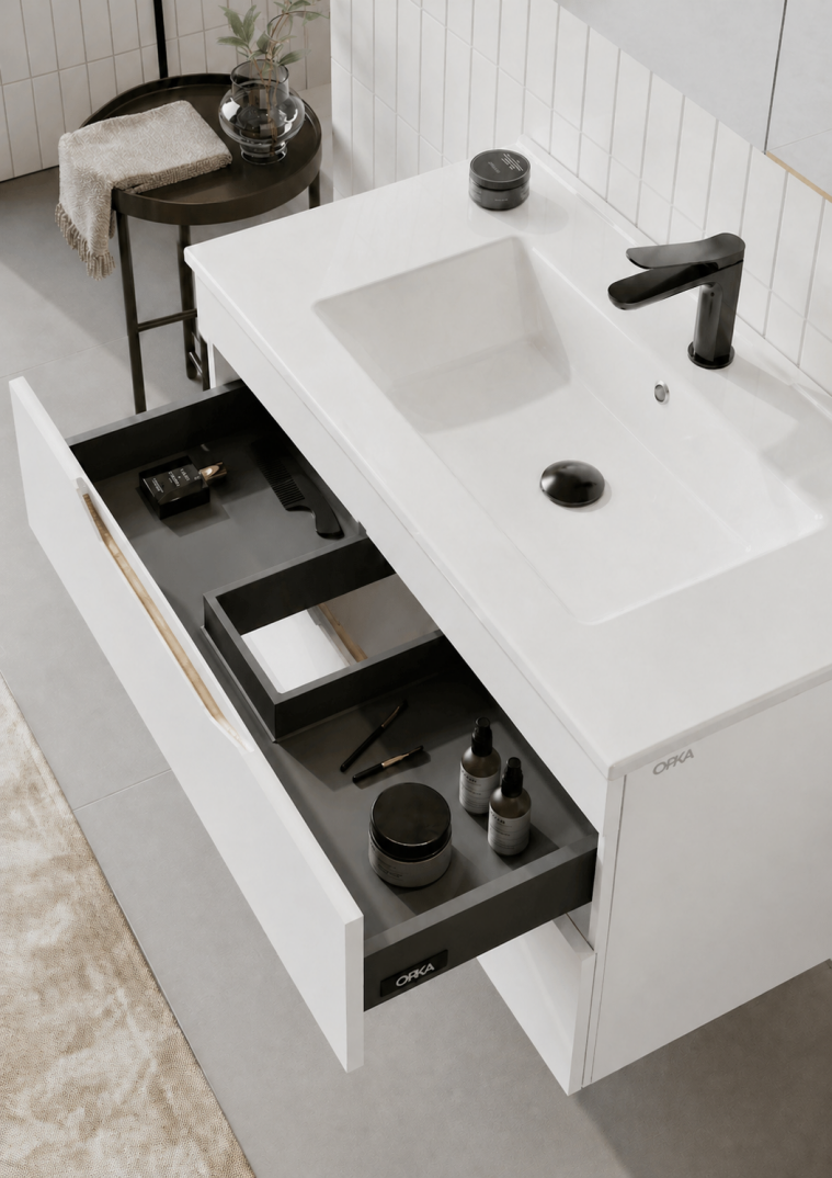 Orka Lena 100 cm Mat Beyaz Banyo Dolabı Takımı (Çekmeceli ,Dolaplı Ayna), 5008795 - 5