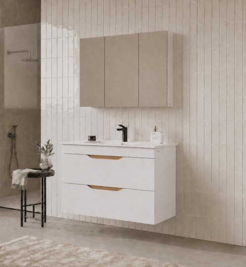 Orka Lena 100 cm Mat Beyaz Banyo Dolabı Takımı (Kapaklı ,Dolaplı Ayna), 5008798 - 3