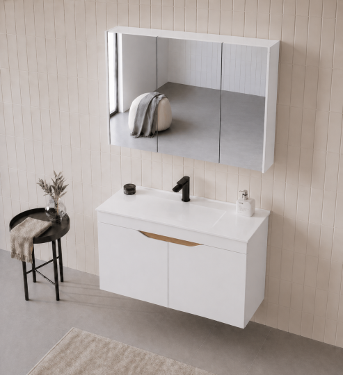 Orka Lena 100 cm Mat Beyaz Banyo Dolabı Takımı (Kapaklı ,Dolaplı Ayna), 5008798 - 4