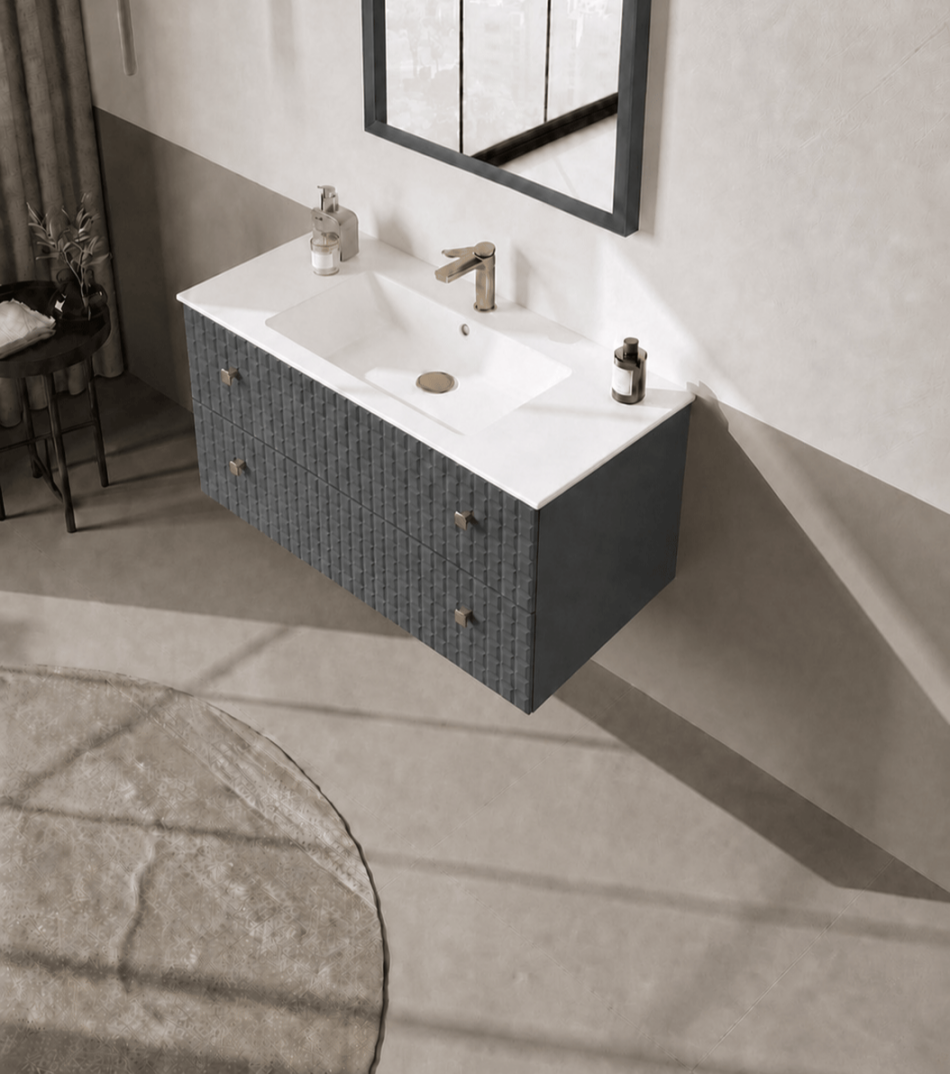 Orka Lipari 100 cm Mat Antrasit Banyo Dolabı Alt Modül Ve Lavabo (Asma-Altın Kulp), 5007296 - 4