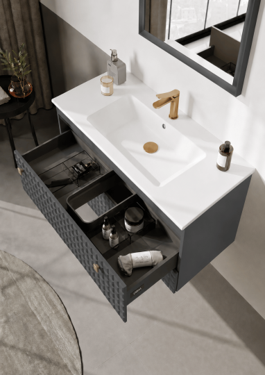 Orka Lipari 100 cm Mat Antrasit Banyo Dolabı Alt Modül Ve Lavabo (Asma-Altın Kulp), 5007296 - 5