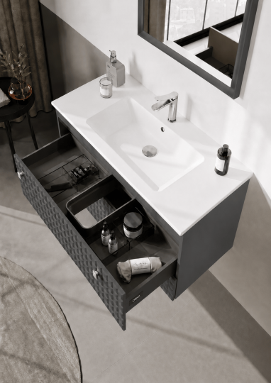 Orka Lipari 100 cm Mat Antrasit Banyo Dolabı Alt Modül Ve Lavabo (Asma-Krom Kulp), 5007319 - 5