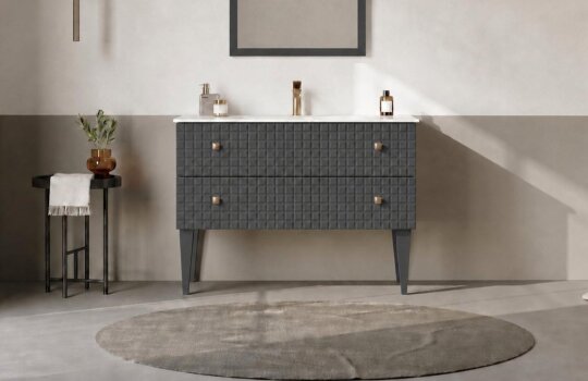 Orka Lipari 100 cm Mat Antrasit Banyo Dolabı Alt Modül Ve Lavabo (Ayaklı-Altın Kulp), 5007332 