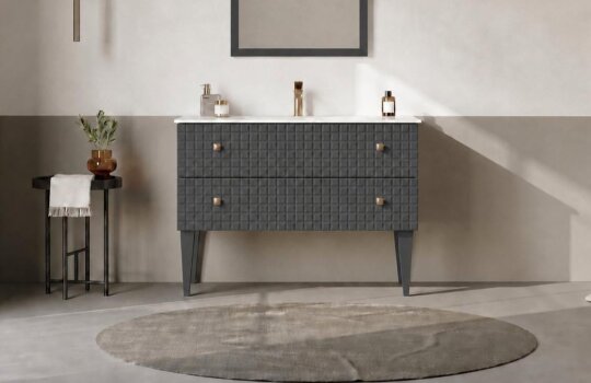Orka Lipari 100 cm Mat Antrasit Banyo Dolabı Alt Modül Ve Lavabo (Ayaklı-Altın Kulp), 5007332 - 2