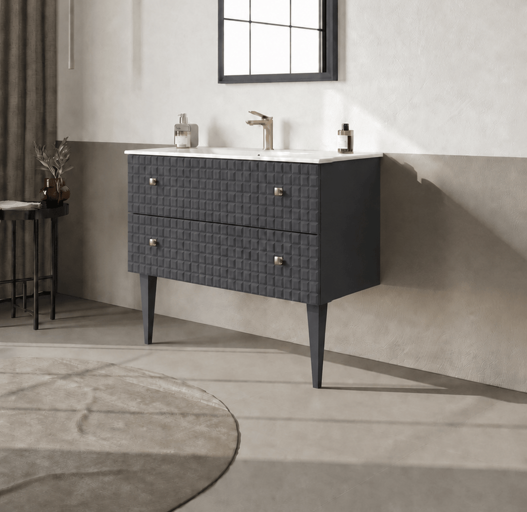 Orka Lipari 100 cm Mat Antrasit Banyo Dolabı Alt Modül Ve Lavabo (Ayaklı-Altın Kulp), 5007332 - 3