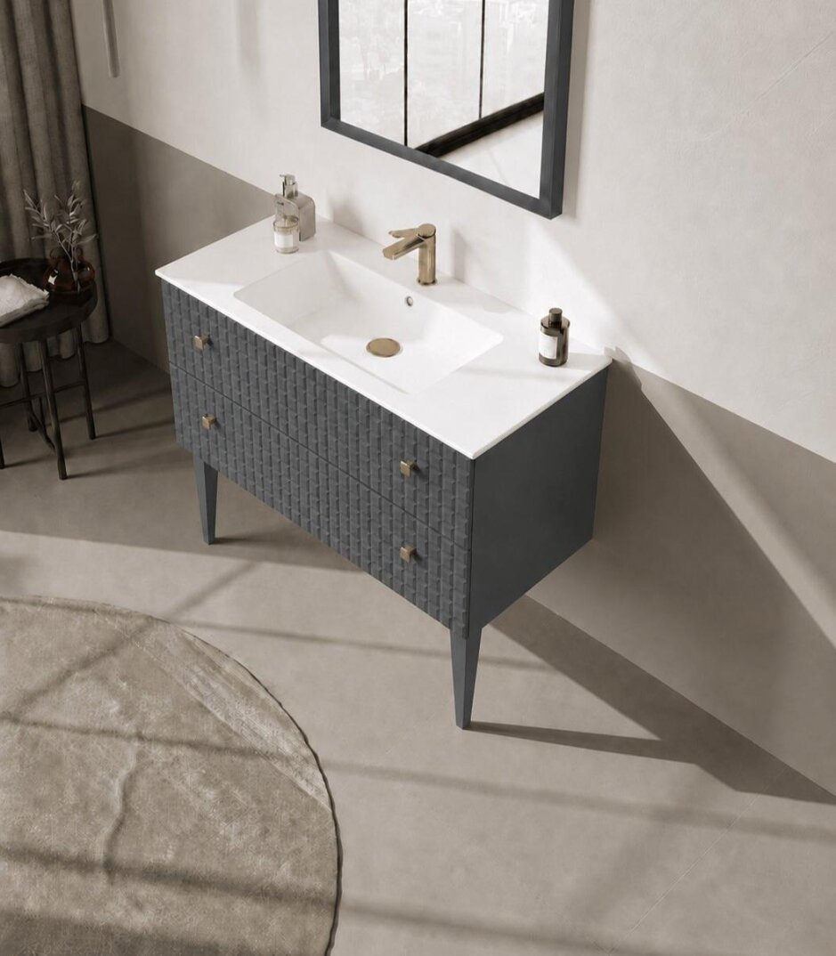Orka Lipari 100 cm Mat Antrasit Banyo Dolabı Alt Modül Ve Lavabo (Ayaklı-Altın Kulp), 5007332 - 4