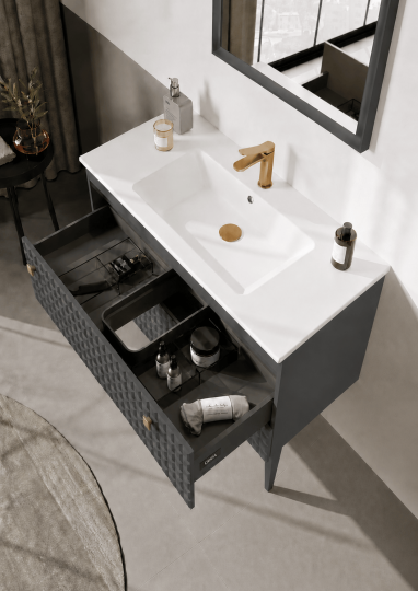 Orka Lipari 100 cm Mat Antrasit Banyo Dolabı Alt Modül Ve Lavabo (Ayaklı-Altın Kulp), 5007332 - 5