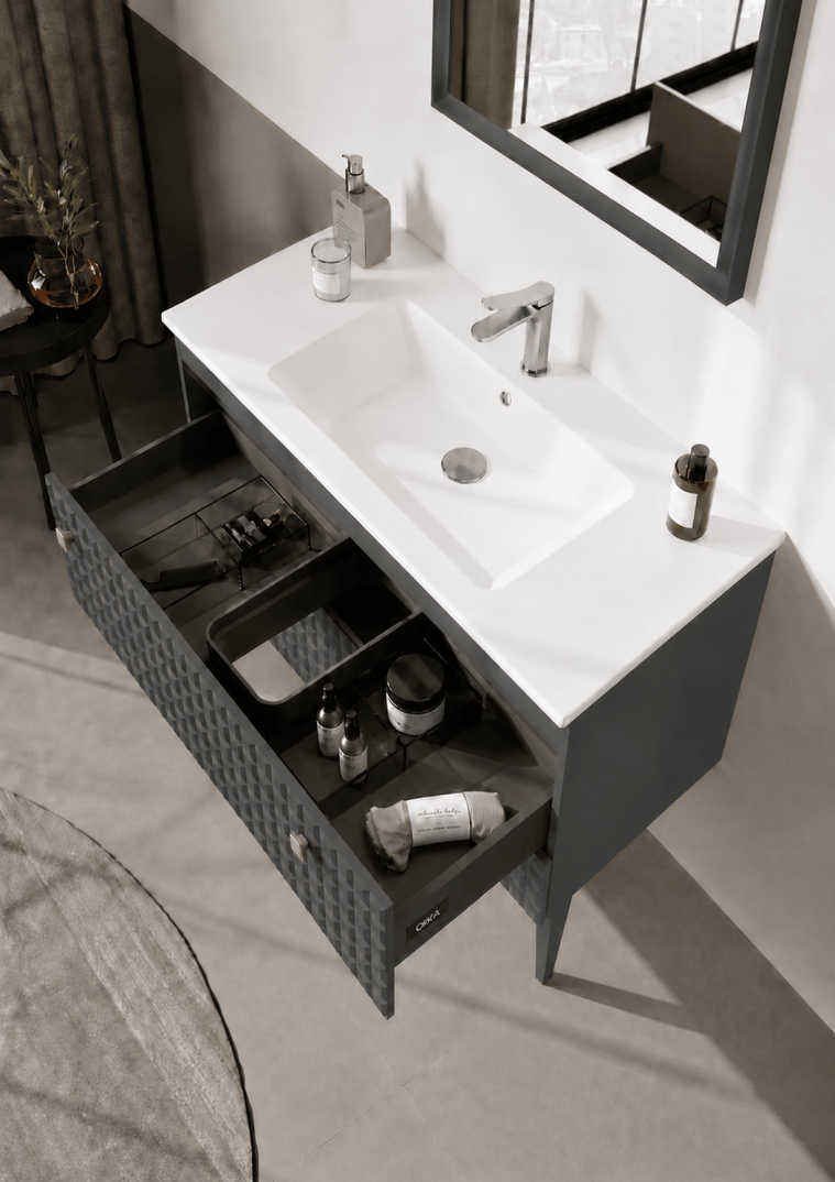 Orka Lipari 100 cm Mat Antrasit Banyo Dolabı Alt Modül Ve Lavabo (Ayaklı-Krom Kulp), 5007335 - 5