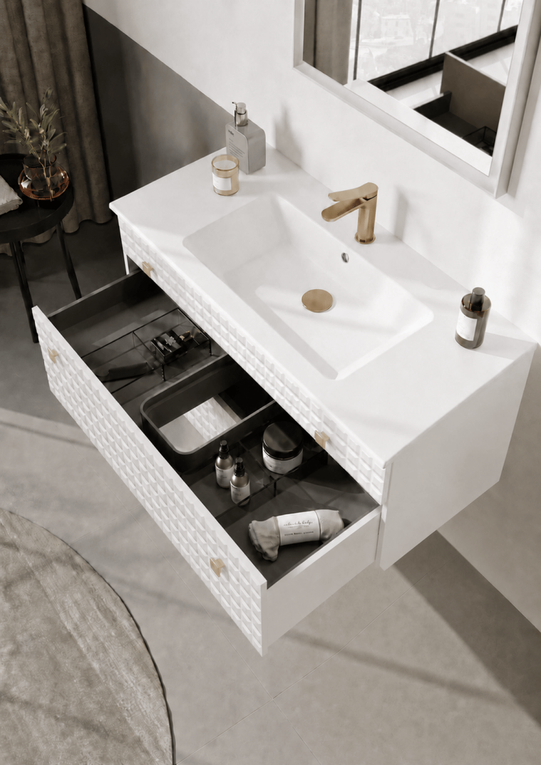 Orka Lipari 100 cm Mat Beyaz Banyo Dolabı Alt Modül Ve Lavabo (Asma-Altın Kulp), 5007290 - 5
