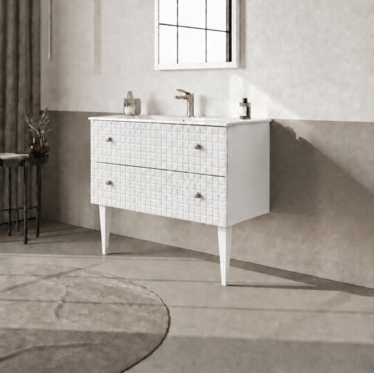 Orka Lipari 100 cm Mat Beyaz Banyo Dolabı Alt Modül Ve Lavabo (Ayaklı-Altın Kulp), 5007329 - 3