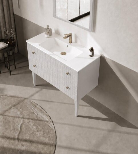 Orka Lipari 100 cm Mat Beyaz Banyo Dolabı Alt Modül Ve Lavabo (Ayaklı-Altın Kulp), 5007329 - 4
