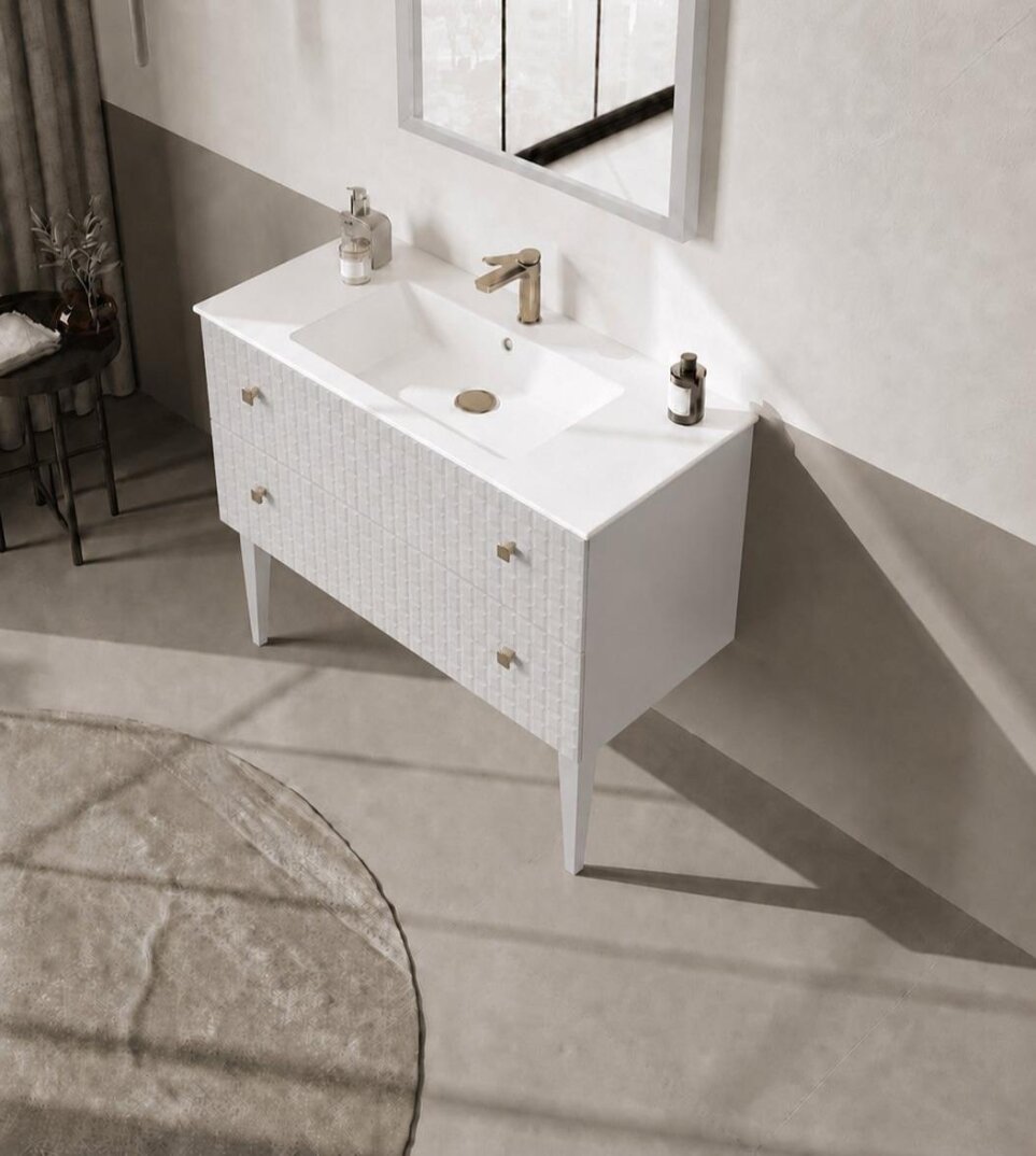 Orka Lipari 100 cm Mat Beyaz Banyo Dolabı Alt Modül Ve Lavabo (Ayaklı-Altın Kulp), 5007329 - 4