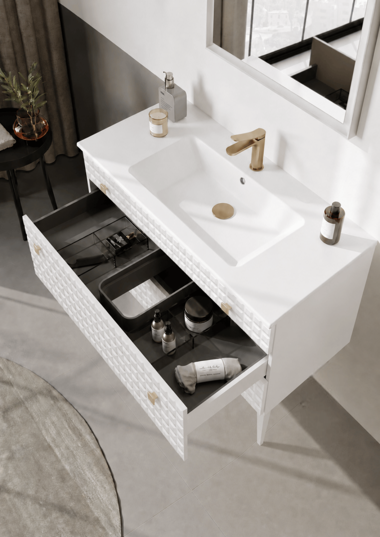 Orka Lipari 100 cm Mat Beyaz Banyo Dolabı Alt Modül Ve Lavabo (Ayaklı-Altın Kulp), 5007329 - 5