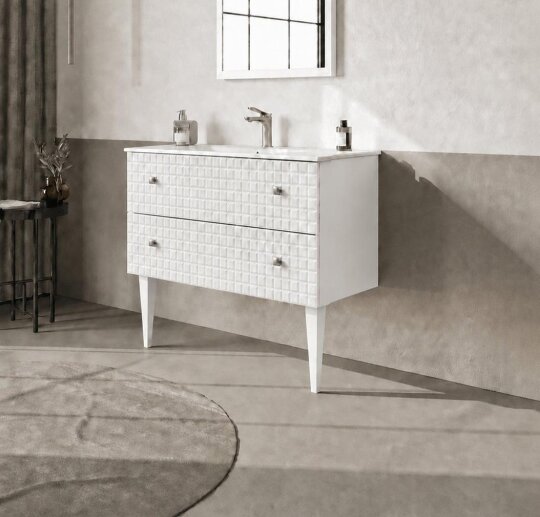 Orka Lipari 100 cm Mat Beyaz Banyo Dolabı Alt Modül Ve Lavabo (Ayaklı-Krom Kulp), 5007333 - 3