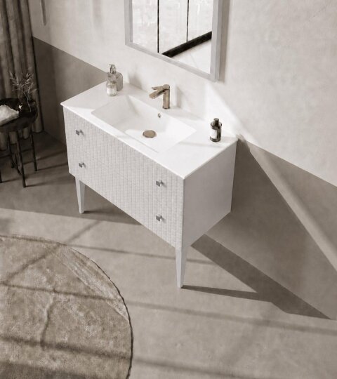 Orka Lipari 100 cm Mat Beyaz Banyo Dolabı Alt Modül Ve Lavabo (Ayaklı-Krom Kulp), 5007333 - 4