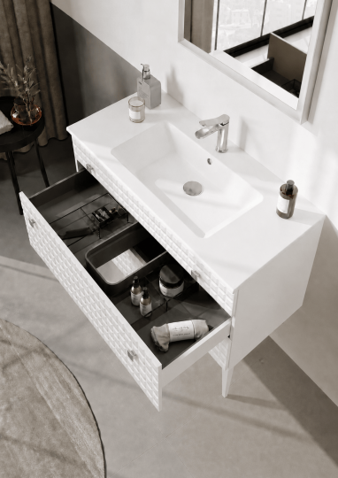 Orka Lipari 100 cm Mat Beyaz Banyo Dolabı Alt Modül Ve Lavabo (Ayaklı-Krom Kulp), 5007333 - 5