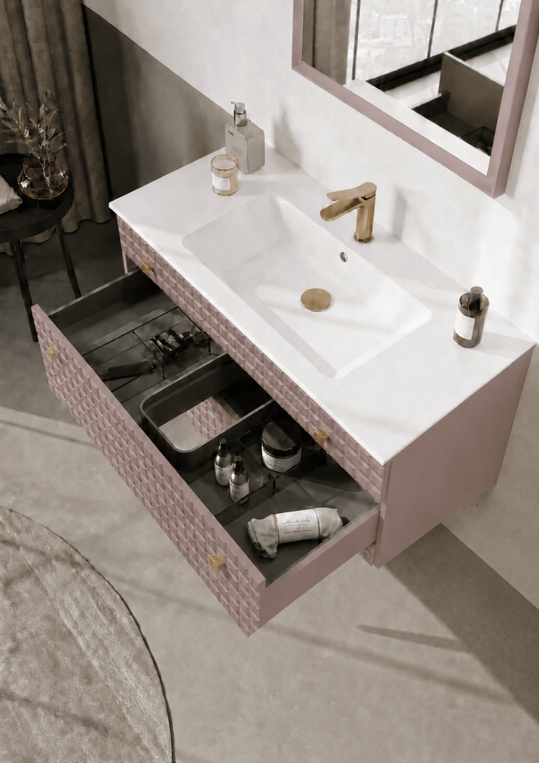 Orka Lipari 100 cm Mat Pudra Banyo Dolabı Alt Modül Ve Lavabo (Asma-Altın Kulp), 5008582 - 5