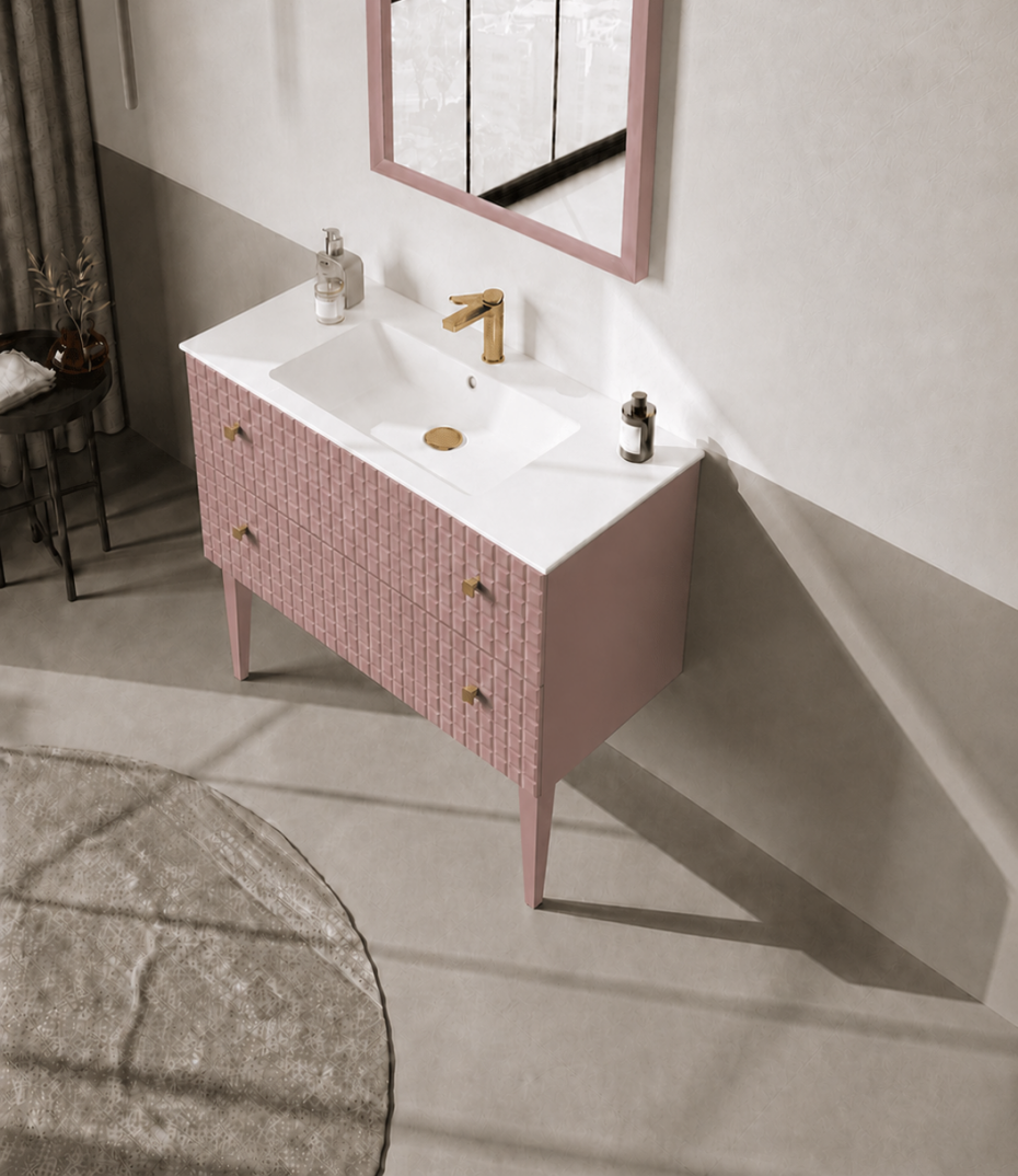 Orka Lipari 100 cm Mat Pudra Banyo Dolabı Alt Modül Ve Lavabo (Ayaklı-Altın Kulp), 5008579 - 4