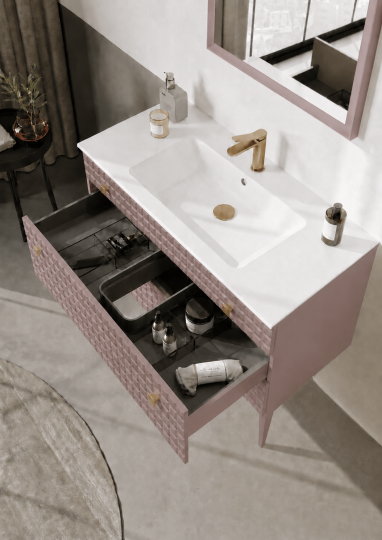 Orka Lipari 100 cm Mat Pudra Banyo Dolabı Alt Modül Ve Lavabo (Ayaklı-Altın Kulp), 5008579 - 5