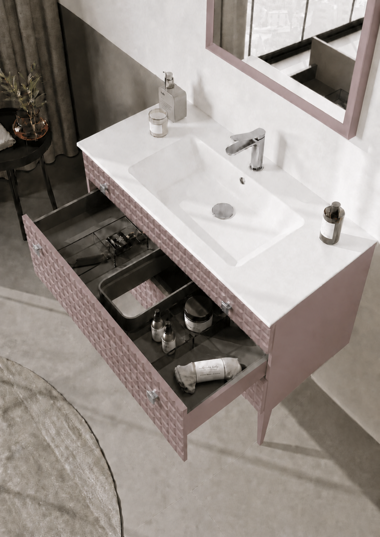 Orka Lipari 100 cm Mat Pudra / Krom Banyo Dolabı Takımı (Ayaklı) , 5008584 - 5