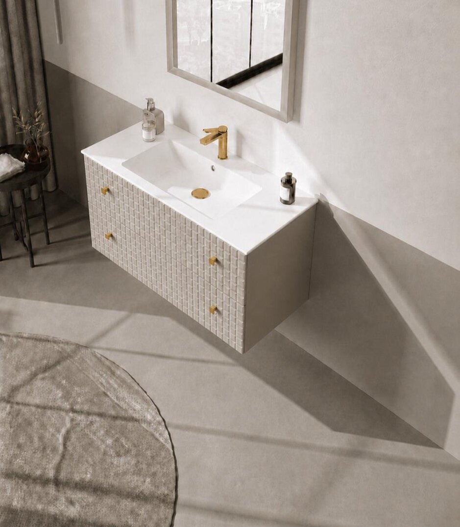 Orka Lipari 100 cm Mat Vizon Banyo Dolabı Alt Modül Ve Lavabo (Asma-Altın Kulp), 5007294 - 3
