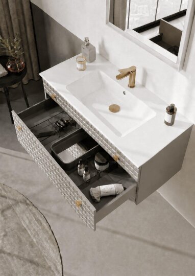 Orka Lipari 100 cm Mat Vizon Banyo Dolabı Alt Modül Ve Lavabo (Asma-Altın Kulp), 5007294 - 4