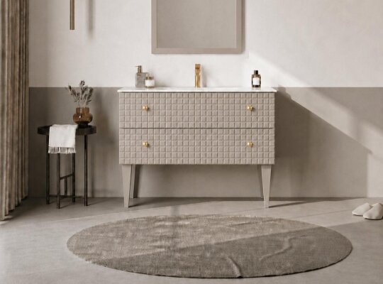 Orka Lipari 100 cm Mat Vizon Banyo Dolabı Alt Modül Ve Lavabo (Ayaklı-Altın Kulp), 5007331 