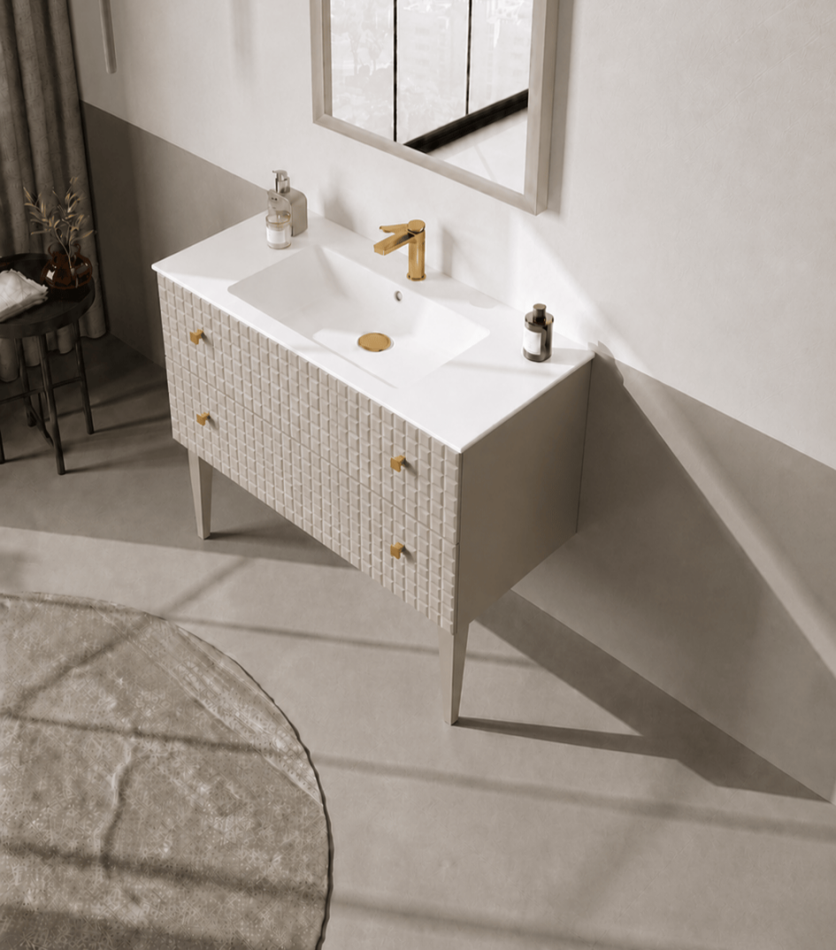 Orka Lipari 100 cm Mat Vizon Banyo Dolabı Alt Modül Ve Lavabo (Ayaklı-Altın Kulp), 5007331 - 3