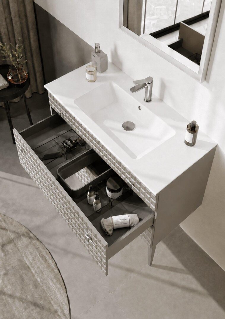 Orka Lipari 100 cm Mat Vizon Banyo Dolabı Alt Modül Ve Lavabo (Ayaklı-Krom Kulp), 5007334 - 4