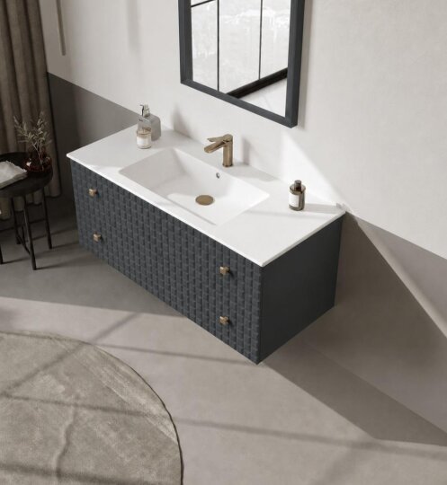Orka Lipari 120 cm Mat Antrasit Banyo Dolabı Alt Modül Ve Lavabo (Asma-Altın Kulp), 5007303 - 4