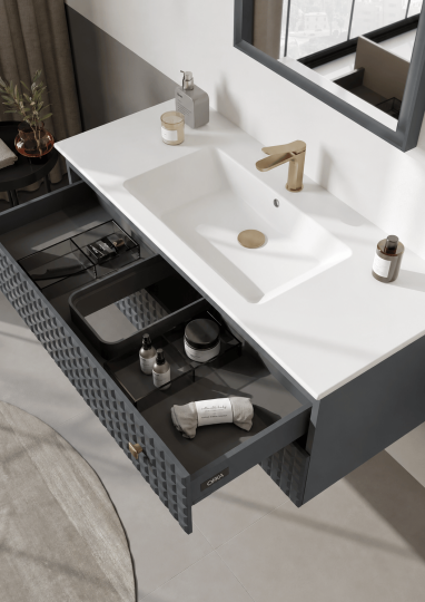 Orka Lipari 120 cm Mat Antrasit Banyo Dolabı Alt Modül Ve Lavabo (Asma-Altın Kulp), 5007303 - 5