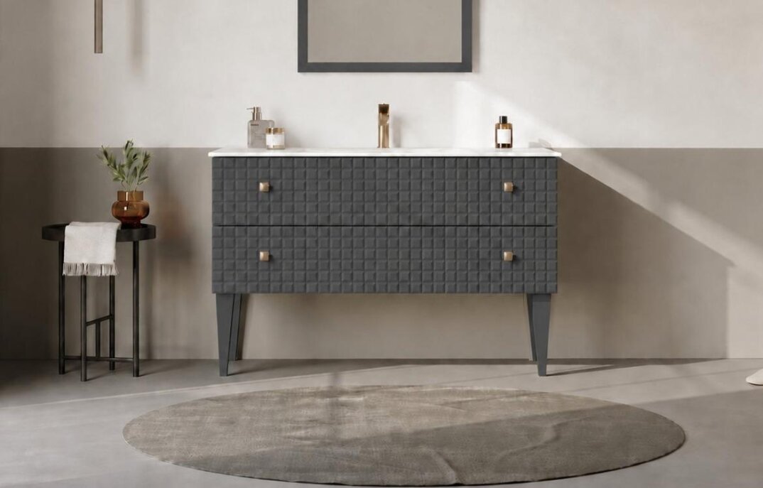 Orka Lipari 120 cm Mat Antrasit Banyo Dolabı Alt Modül Ve Lavabo (Ayaklı-Altın Kulp), 5007338 - 1