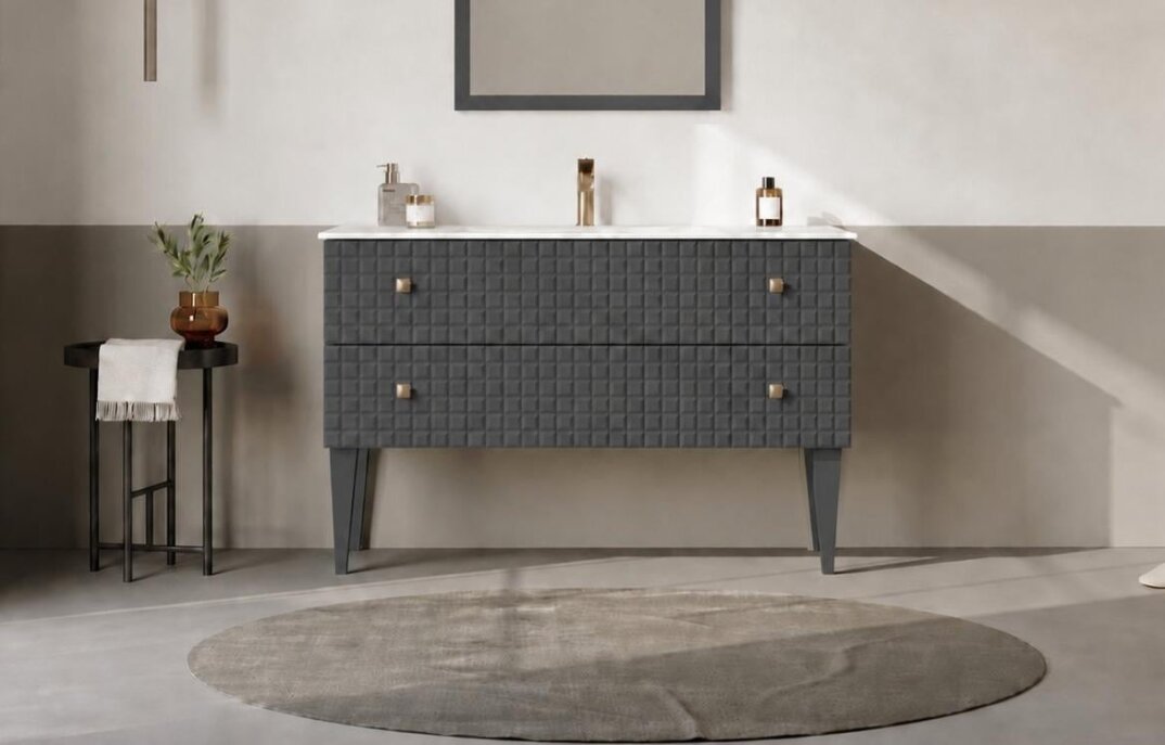 Orka Lipari 120 cm Mat Antrasit Banyo Dolabı Alt Modül Ve Lavabo (Ayaklı-Altın Kulp), 5007338 - 2