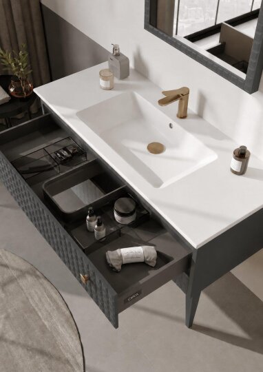 Orka Lipari 120 cm Mat Antrasit Banyo Dolabı Alt Modül Ve Lavabo (Ayaklı-Altın Kulp), 5007338 - 5