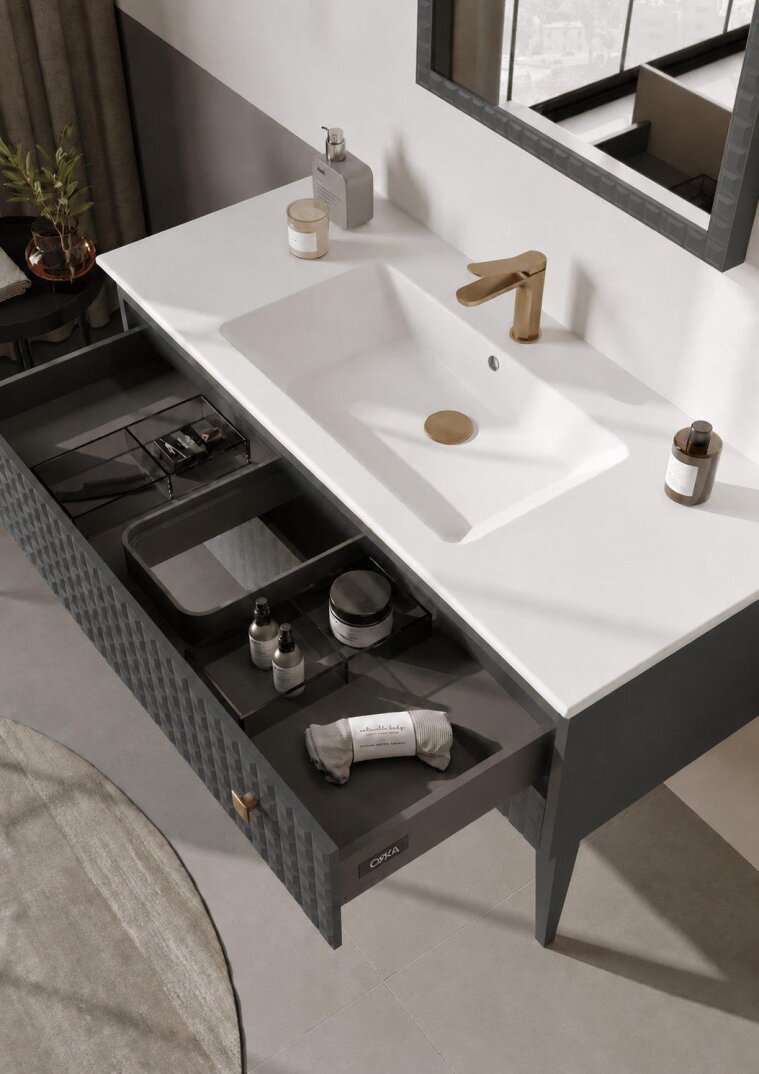 Orka Lipari 120 cm Mat Antrasit Banyo Dolabı Alt Modül Ve Lavabo (Ayaklı-Altın Kulp), 5007338 - 5
