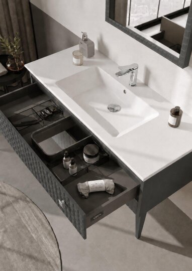 Orka Lipari 120 cm Mat Antrasit Banyo Dolabı Alt Modül Ve Lavabo (Ayaklı-Krom Kulp), 5007341 - 5