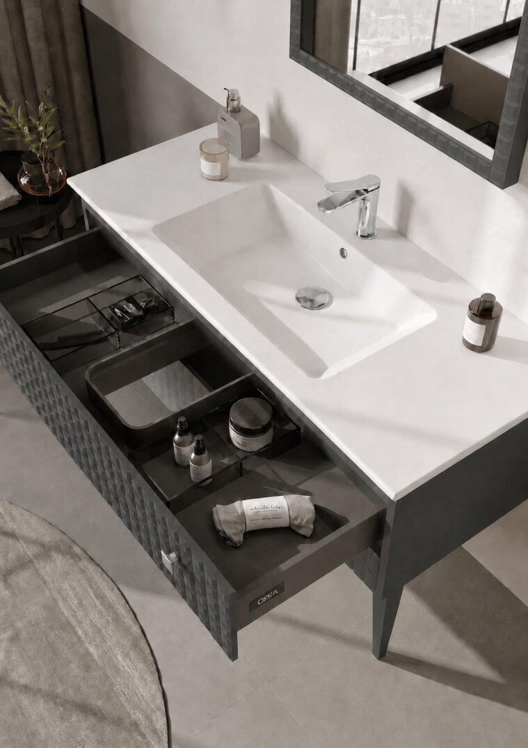 Orka Lipari 120 cm Mat Antrasit Banyo Dolabı Alt Modül Ve Lavabo (Ayaklı-Krom Kulp), 5007341 - 5