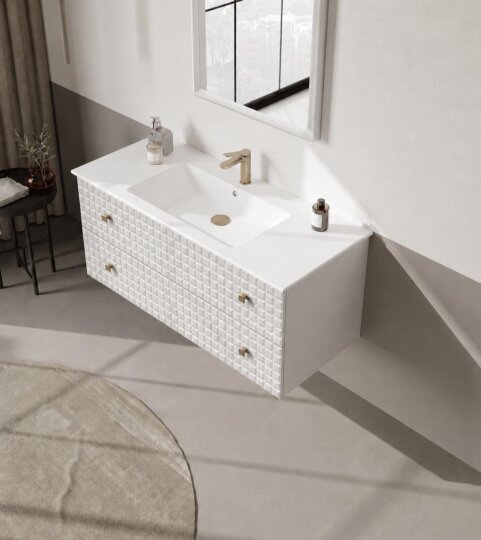 Orka Lipari 120 cm Mat Beyaz Banyo Dolabı Alt Modül Ve Lavabo (Asma-Altın Kulp), 5007298 - 4