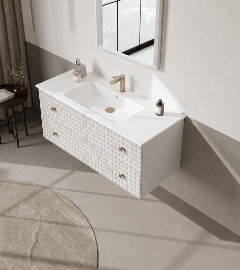 Orka Lipari 120 cm Mat Beyaz Banyo Dolabı Alt Modül Ve Lavabo (Asma-Altın Kulp), 5007298 - 4